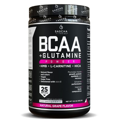 Sascha Fitness BCAA 4:1:1 with Glutamine, HMB, L-Carnitine, HICA | Natural Grape Flavor 12.8 oz