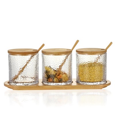 Slickblue Stylish Hammered Clear Glass Condiment Jars, Set of 3, 11 oz, Handmade, Dishwasher Safe