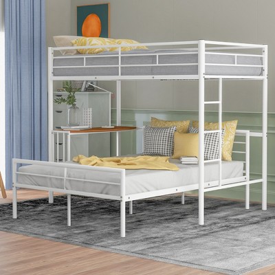 Twin Over Full Metal Bunk Bed with Desk, Ladder and Quality Slats