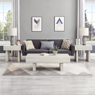 Roundhill Furniture Athens 3-Piece Set Modern Accent Coffee Table with Two End Tables White