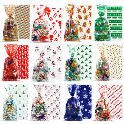 Joyfy 144 Pcs Christmas Cellophane Bags with Ribbon, 11" X 5" Candy Cookie Bags for Holiday Treats Christmas Party Favors Supplies, Xmas Goodie Bags