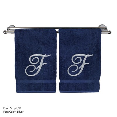 BC BARE COTTON Monogrammed Hand Towel, 100% Turkish Cotton - Set of 2 - Navy - Silver Script