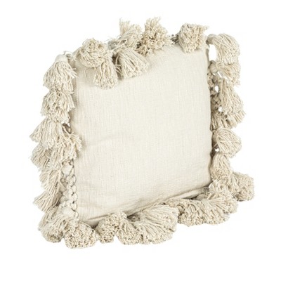 Storied Home Cotton Slub Pillow with Crochet and Tassels, Cream