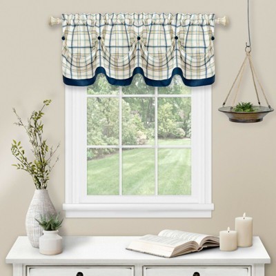 Kate Aurora Country Farmhouse Plaid Tattersall Button Tuck Window Valance