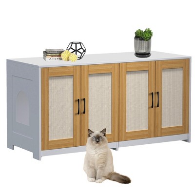Double Cat Litter Box Enclosure for 2 Cats, 47.2" Large Wood Hidden Kitty Furniture with Sisal Doors