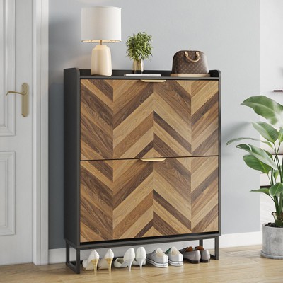Shoe Storage Cabinet with 2 Flip Drawers, Free Standing Hidden Narrow Shoes Organizer, Dark Brown