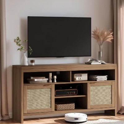 Jojoka 58" Boho TV Stand for TV up to 65 Inch,Modern Rattan Entertainment Center with Storage and Doors,Brown