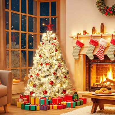 Small Pre Lit Snow Covered Christmas Tree, White Artificial Xmas Tree with 100 Warm White Led Lights & Metal Stand, Christmas Decor