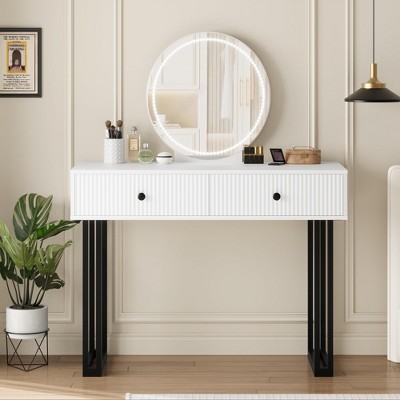 White Vanity Desk with Mirror and Lights, Small Makeup Vanity with 2 Drawers, Modern Vanity Organizer with 3 Color Lights£¦Adjustable Brightness