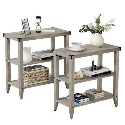 Garvee Farmhouse End Table Rustic Side Table with Storage Shelf for Living Room, Bedroom, Set of 2, Gray