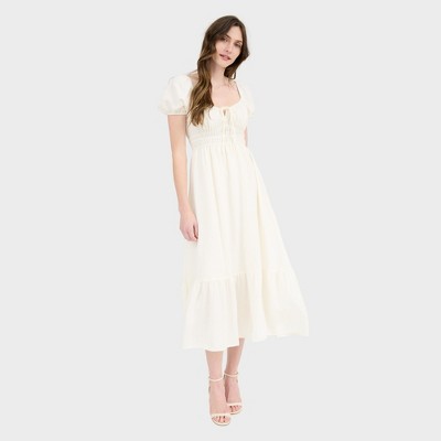 August Sky Women's Solid Front Tie Puff Sleeve Ruffle Hem Midi Dress