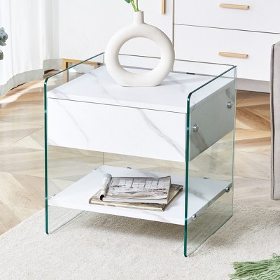 GDFStudio Reg 19" Glass Nightstand with Wooden Drawer