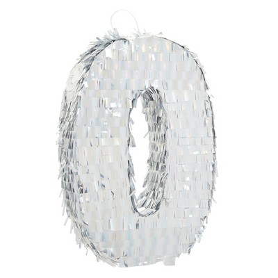 Blue Panda Small Silver Holographic Foil Number 0 Pinata for Birthday Party Decorations, 15.7 x 9 in