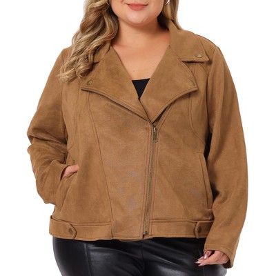 Agnes Orinda Women's Plus Size Faux Suede Lapel Collar Long Sleeve Zipper Moto Jacket