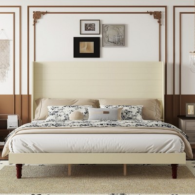 Queen/King Size Platform Bed with Comfortable High Headboard Bed, White/Beige-ModernLuxe