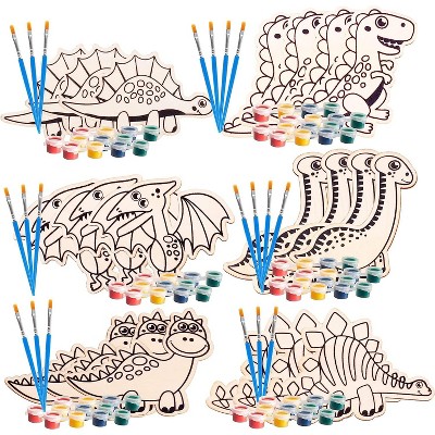 SCS Direct Kids Party Dino Wood Painting Craft Kits (20ct) -Dinosaur Designs -Each Kit Has its Own Brush, Paint, & Figure- Fun, Unique Birthday Party