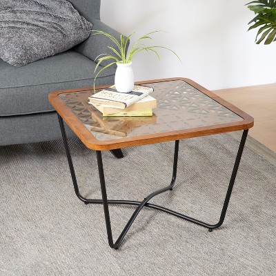 Glass Coffee Table Square Cocktail Table Center Table Accent Table Sofa Side Table with Geometric Cut-outs Top - ModernLuxe