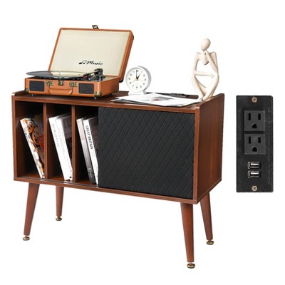 Record Player Stand with Charging Station and USB Ports - Holds Up to 300 Albums, Large Vinyl Record Storage Cabinet, Turntable Stand, End Table