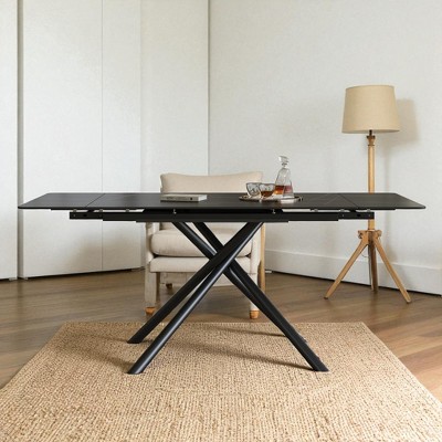 Modern Retractable Sintered Stone Dining Table, 83" Rectangular Extendable Table with Black Carbon Steel Legs, Seats 6-8 People(only table)