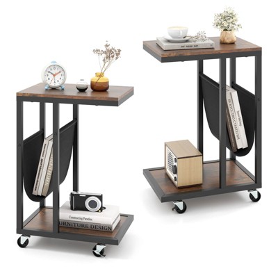 Costway 1/2 PCS C-shaped Side Table 2-tier Sofa Couch Table with Canvas Storage Pouch Brown