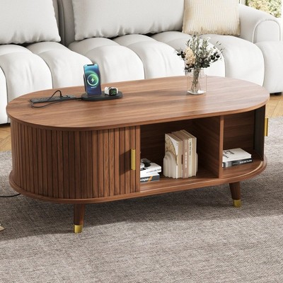 MOEPISY 42.5inch W Wooden Oval Fluted Coffee Table With Charging Station, Mid Century Center Table With Sliding Tambour Door, Walnut