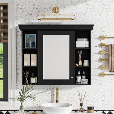 Rbied 35 in. W x 28 in. H MDF Medicine Cabinet with Mirror, Bathroom Storage Wall Cabinet with Adjustable Shelves