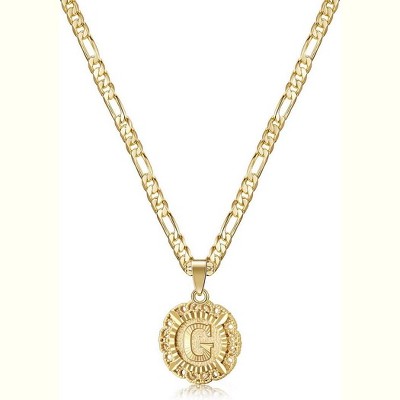 Women's 14K Gold Plated Initial Necklace with Round Letter Pendant from A-Z on Figaro Chain