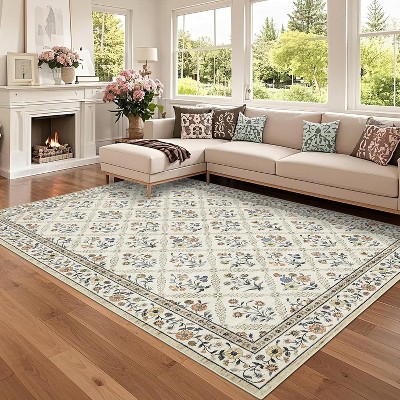 coucheta Floral Area Rugs, Multi-size Washable Stain Resistant Non Slip Vintage Low Pile Carpet for Living Room, Bedroom, Dining, Farmhouse