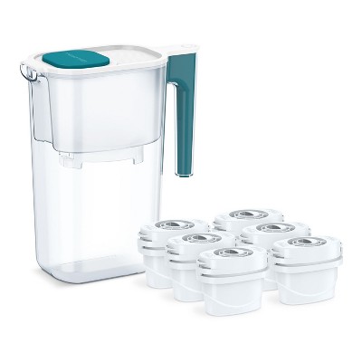 Perfect Pour 6-Cup Water Filter Pitcher, Reduces Microplastics, BPA Free, NSF Certified, Includes 6 Evolve+ Filters, Blue