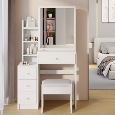 Vanity Table Set, Makeup Vanity with Cushioned Stool, Multi Storage Shelves, 4 Drawers, Right Sliding Mirror, Modern Dressing Table for Girl Women