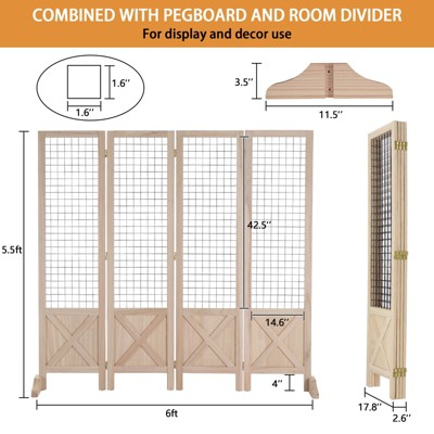 VINGLI 5.5ft Room Divider Gridwall, 4 Panel Folding Display Organizer with Base Feet, Wooden Frame Wire Grid Screens for Craft Shows Events Retail