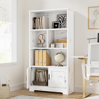 Jojoka Farmhouse 3-Shelf Bookcase with Doors and LED Lights, Tall Standing Bookshelf for Bedroom, Living Room, or Home Office