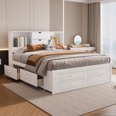 TIRAMISUBEST Queen/King Size Wooden Platform Bed with Storage Headboard, Modern Bed Frame with 8 Drawers