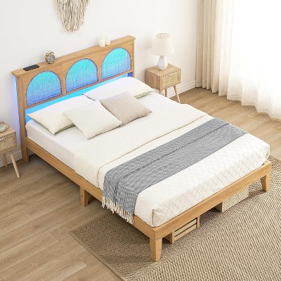 Bed Frame with Natural Rattan Headboard, Platform Bed Frame with LED Lights and Rattan Headboard, Wooden Support Legs, No Box Spring Needed
