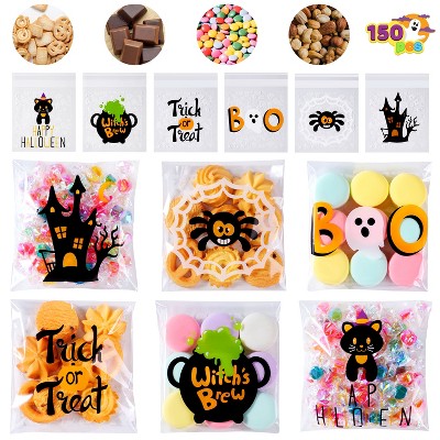 Joyfy Halloween Party Favors 150Pcs Cellophane Halloween Candy Bags Clear Treat or Trick Goodie Bags Ziplock Bag For Kids Gifts Cookie in 6 Designs