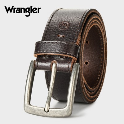 Wrangler Men's Leather Embossed Logo Belt - Casual Daily Wear for Jeans & More, Branded Belt, Mens Accessories