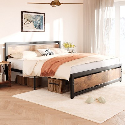 Garvee full Size Bed Frame Platform, Industrial full Bedframe with Wooden Headboard No Box Spring Needed, 14 inch Easy Assemble Noise Free Bed Base
