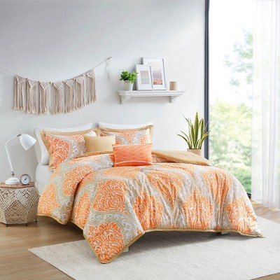 4 Pcs Stylish Damask Print Comforter Set, Cozy All Season Home Textile for Modern Bedroom Decor, Orange, Twin/Twin XL