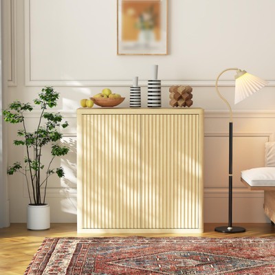 34" Sideboard Buffet Cabinet, Wood Entryway Coffee Bar Cabinet, Fluted Floor Cupboard with Adjustable Shelves, Media Console Table for Living Room