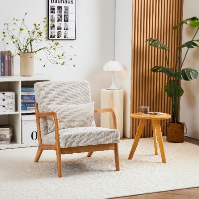 Lyngins Mid-Century Modern Accent Chair, Upholstered Arm Chair with Pillow, Ergonomic Rubberwood Reading Chair Living Room Chair, Easy Assembly