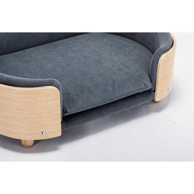 Gulches Scandinavian Style Medium-sized Dog Pet Sofa with Solid Wood Legs, Curved Wooden Back, Velvet Cushion in Dark Gray