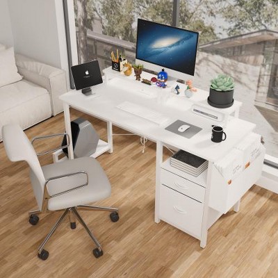 LIVAREEmlen Computer Desk with Drawer and Power Outlets, 47" Desk with 2 Monitor Stands and Fabric File Cabinet with Shelves and Hooks for Home Office