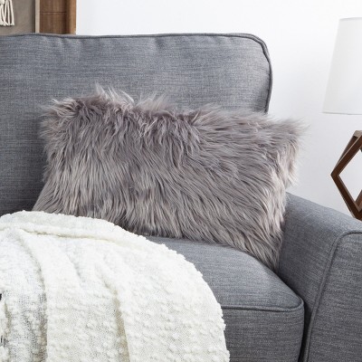 12x20-in. Plush Lumbar Pillow Luxury Accent Pillow Insert and Shag Glam Cover Set for Bedroom or Living Room by Lavish Home (Gray)