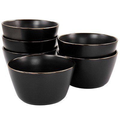 6pc Paul Stoneware Bowl Set with Rim Gold/Matte Black - Elama: Solid Round Dining Bowls, Dishwasher & Microwave Safe