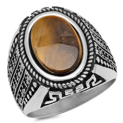 Steeltime Men's stainless steel Greek key and black simulated diamond accented ring with tiger eye. Size Options: 9-12