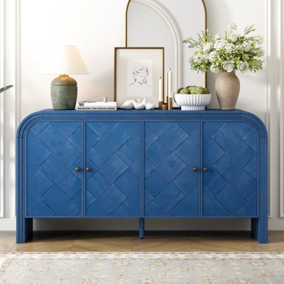 FONTOI Sideboard Cabinet with Woven Slats&Doors, Scandinavian Style Storage Console Table for Entryway, Foyer, Corridor, Navy Blue, 15.5"*31.5"*59.8"