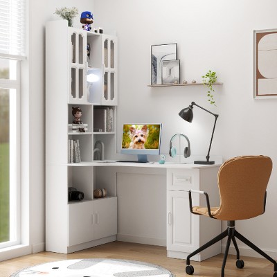 Lyngins L-Shaped Computer Desk with Storage, Tiered Open Shelf, 4 Cabinets + 1 Drawer, Home Office Desk/Corner Desk/Hutch Desk for Study Room/Bedroom