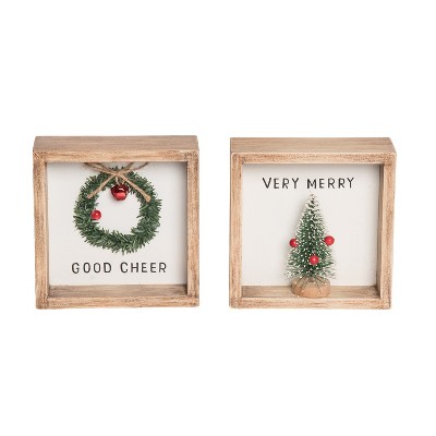 Transpac Wood Framed Bottle Brush Tree and Wreath Set of 2 Multicolor Christmas Wall Art for Holiday Decor and Gifts