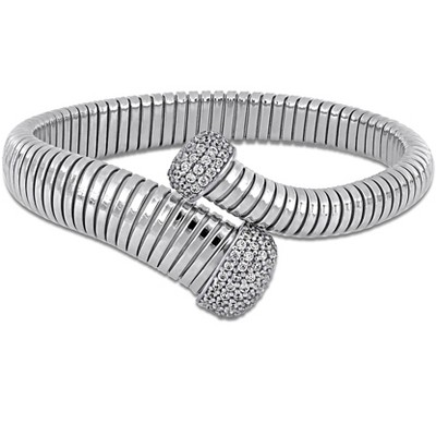 EVERLY JEWELRY | Sterling Silver 0.78 CT TGW White Cubic Zirconia 7 12mm graduated round wrap omega stretch Bangle