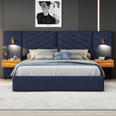 PAGED Upholstered Platform Bed Velvet Bed Frame with Channel Tufted Wingback Headboard and LED Light, No Box Spring Needed